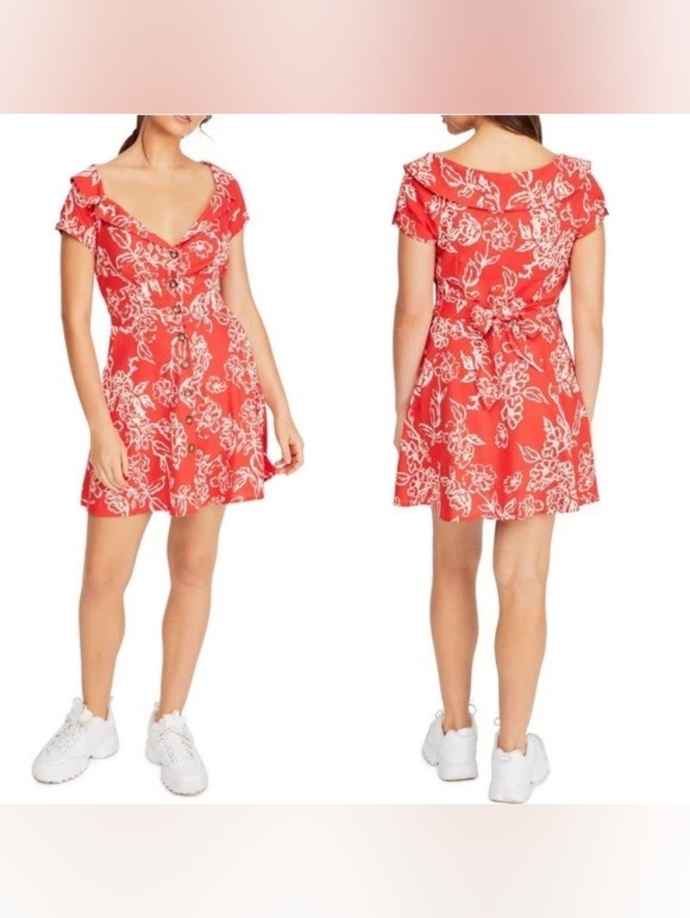 Free People A Thing Called Love Floral Linen Blend Mini Dress Red & White- 12